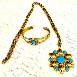 Nickel Silver Bell Trading Post Flower Faux Turquoise Necklace Bracelet Cuff Set